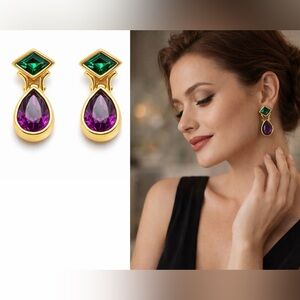 Swarovski Gold and Green Earrings with Purple Gemstones
